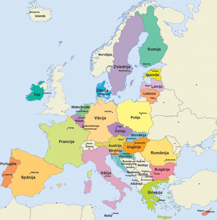Karte ar visām Eiropas Savienības dalībvalstīm