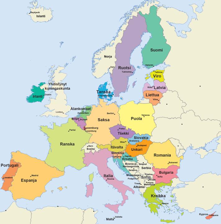 Kartta, johon on merkitty kaikki EU:n jäsenmaat