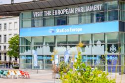 European Parliament welcome point for visitors in Brussels.