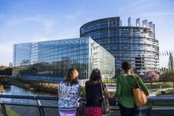 Visitors in front of the building of the European Parliament in Strasbourg.