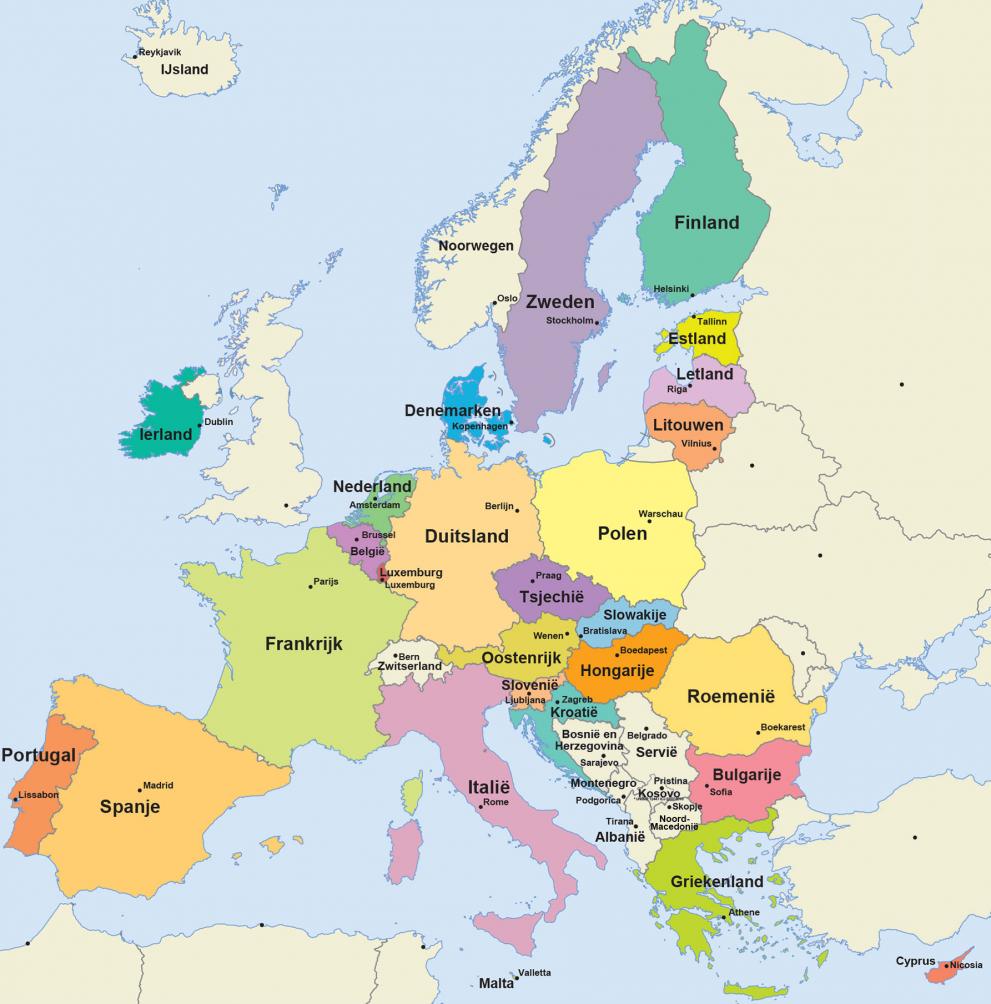 Kaart met alle landen van de Europese Unie