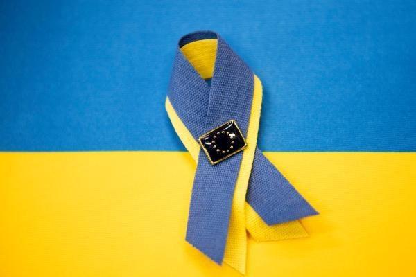 A pin symbolising solidarity with Ukraine