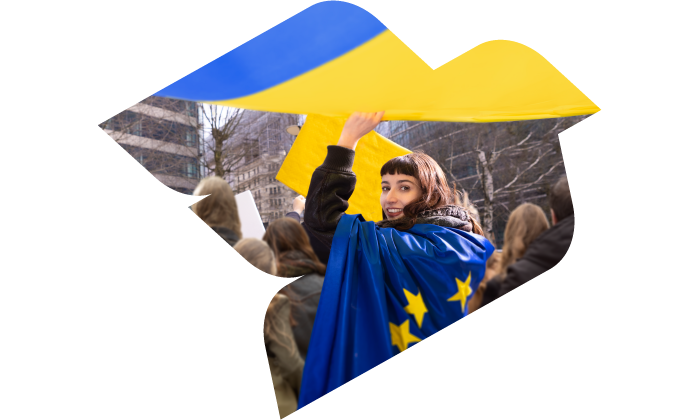 EU day dove image with woman holding EU/Ukraine flag
