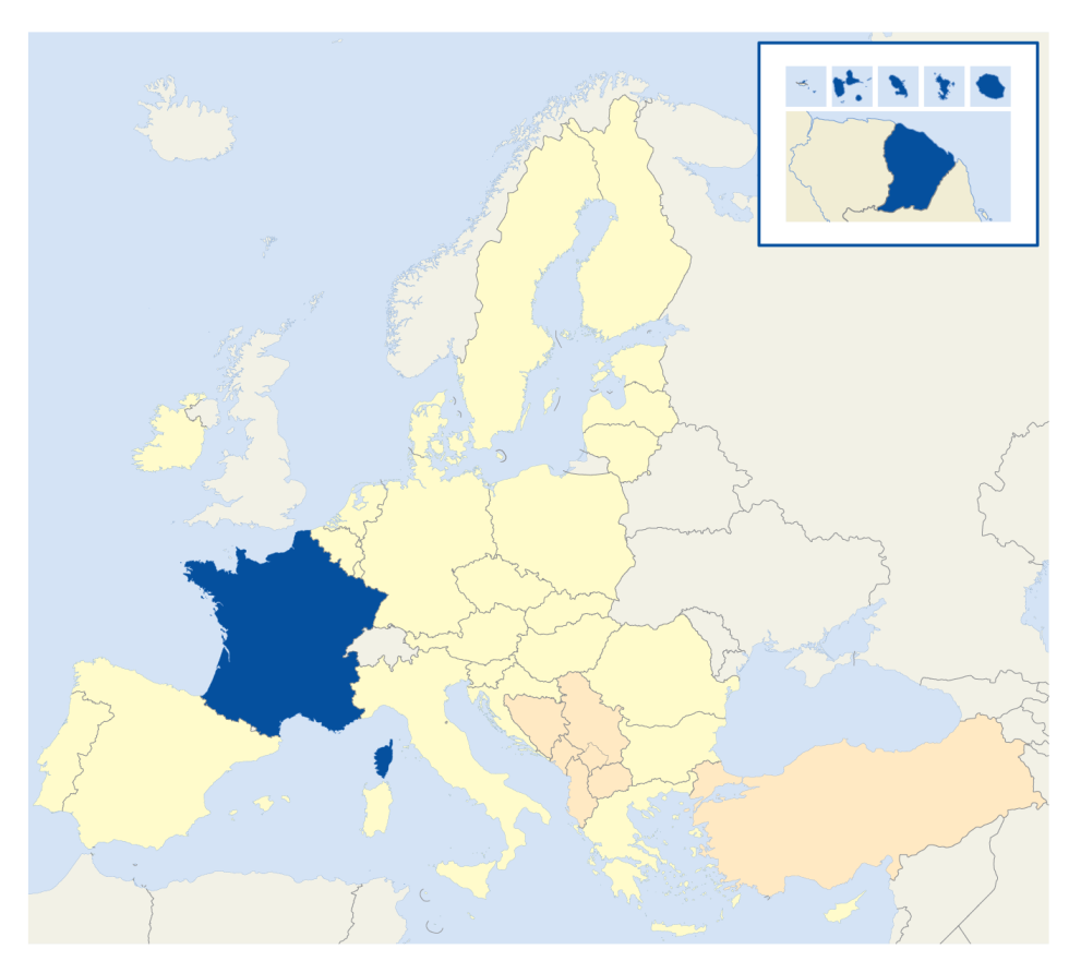France in Europe on a map