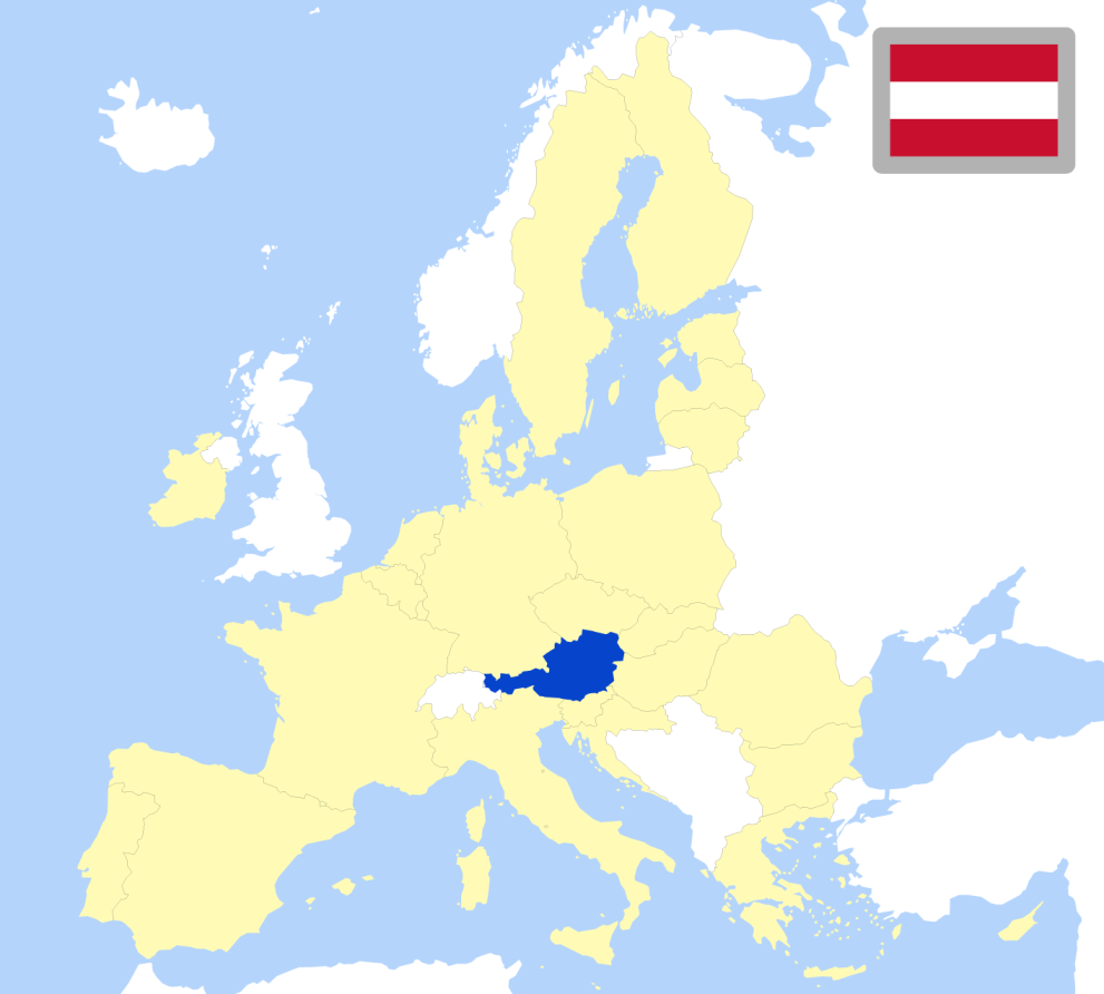 Map of Europe showing location of Austria and country flag