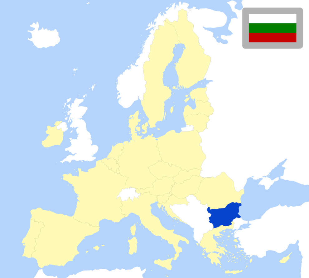 Map of Europe showing location of Bulgaria and country flag