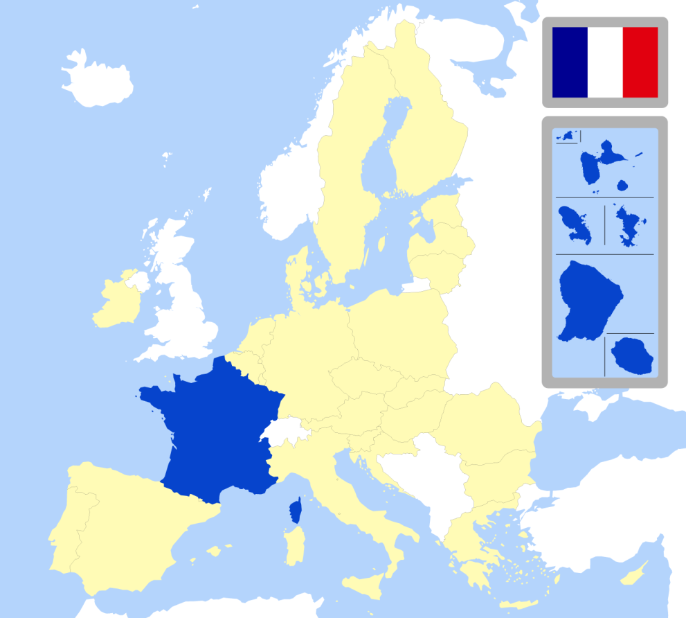 Map of Europe showing location of France and country flag