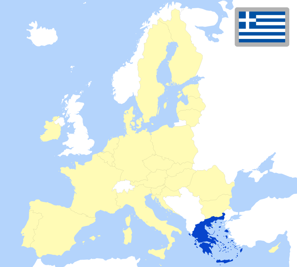 Map of Europe showing location of Greece and country flag