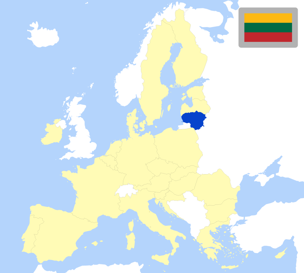 Map of Europe showing location of Lithuania and country flag