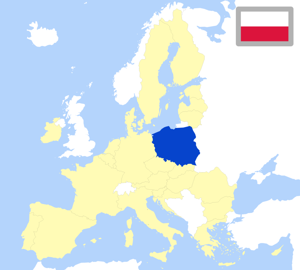 Map of Europe showing location of Poland and country flag