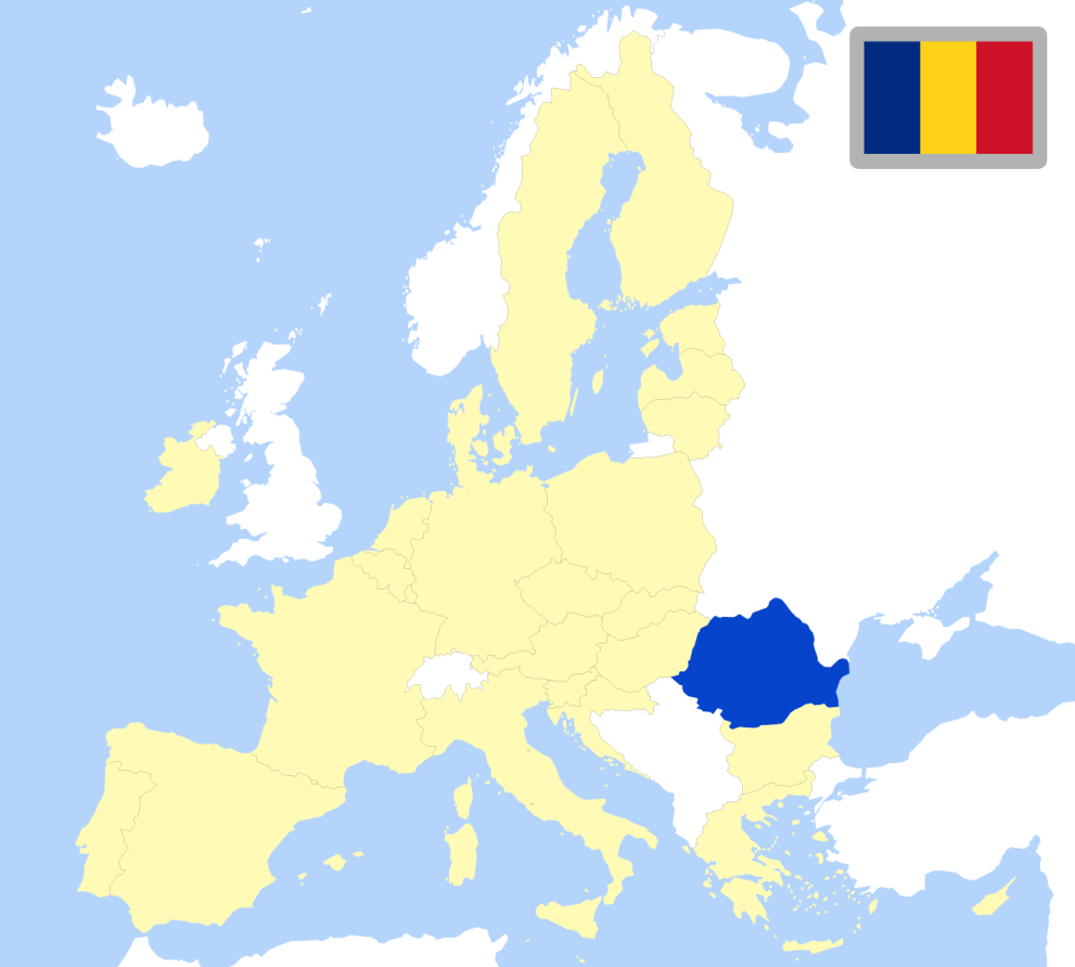 Map of Europe showing location of Romania and country flag
