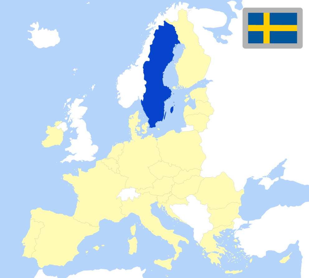 Map of Europe showing location of Sweden and country flag