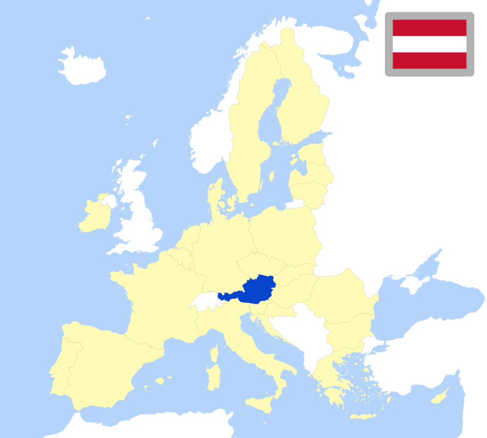 Map of Europe showing location of Austria and country flag