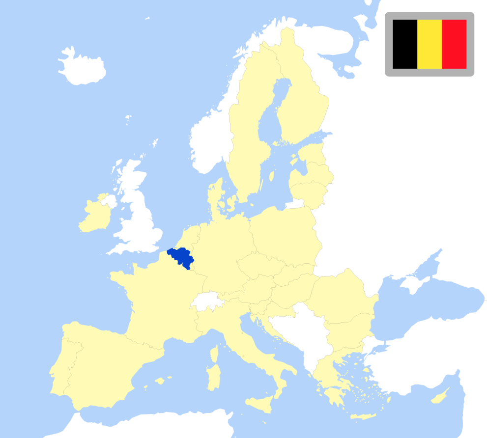 Map of Europe showing location of Belgium and country flag