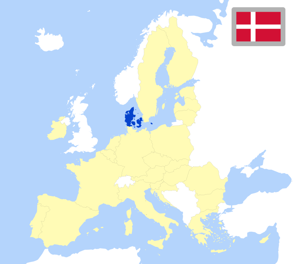 Map of Europe showing location of Denmark and country flag