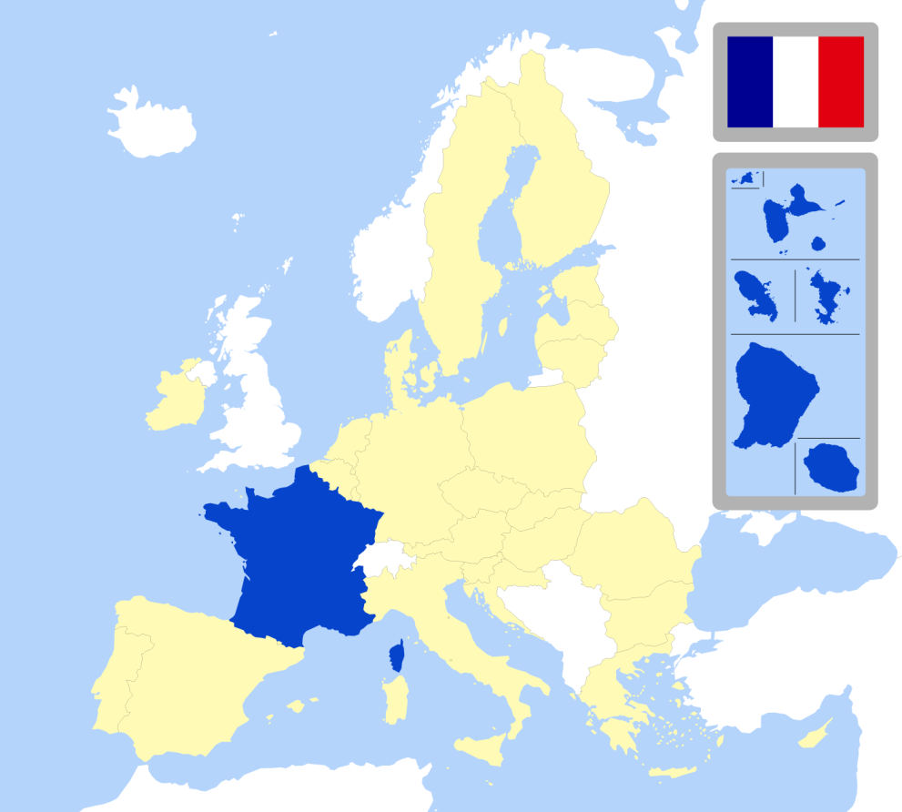 Map of Europe showing location of France and country flag