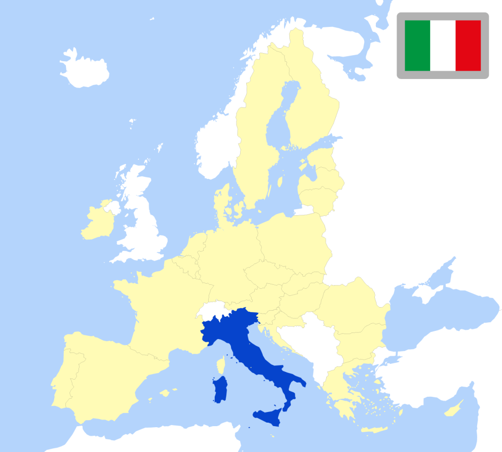 Map of Europe showing location of Italy and country flag
