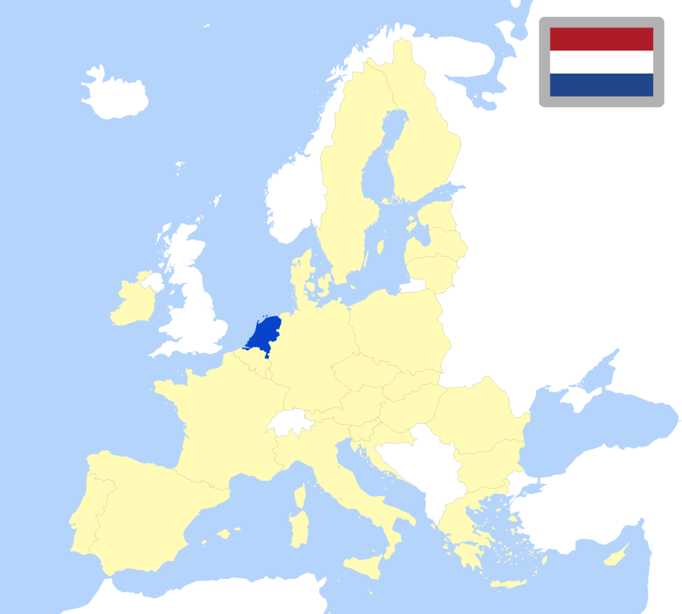 Map of Europe showing location of Netherlands and country flag