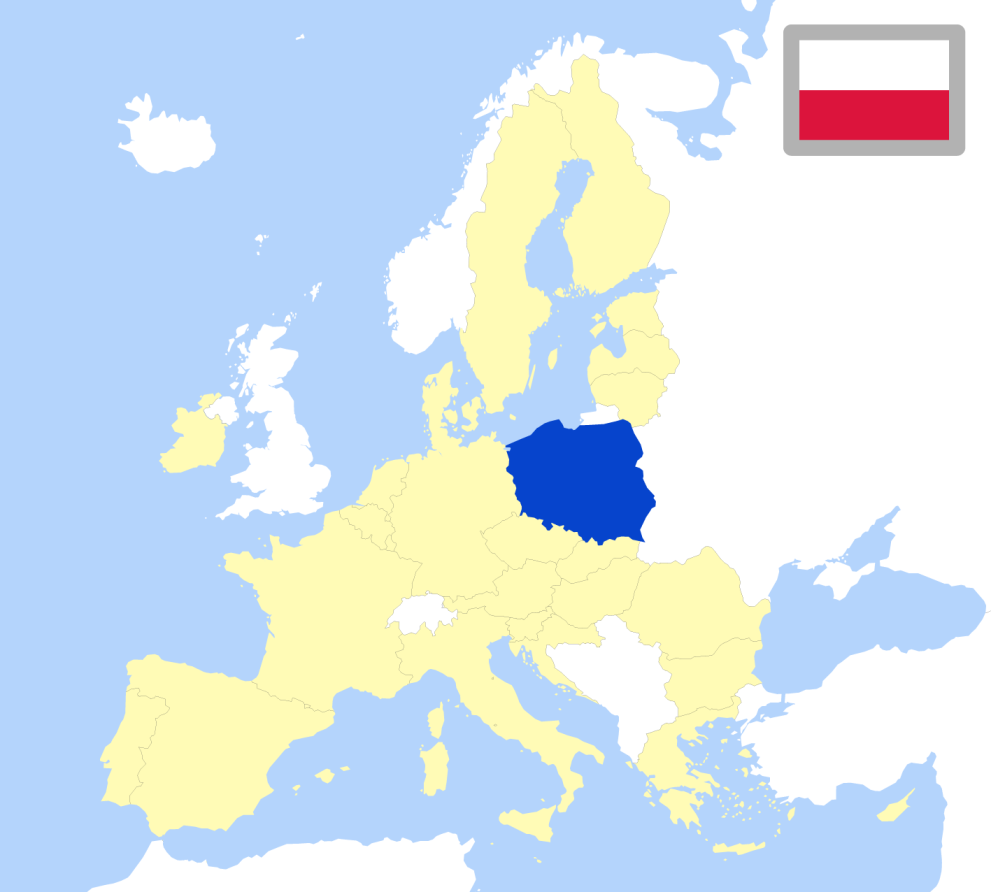 Map of Europe showing location of Poland and country flag