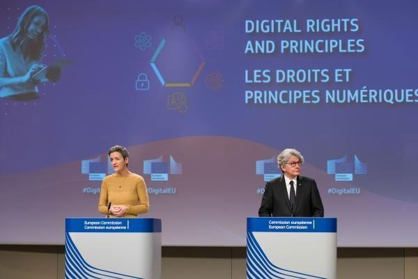 Margrethe Vestager, on the left, and Thierry Breton, during the press conference