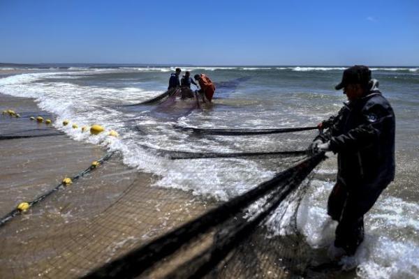 Fishermen pulling the fishing net out of the sea