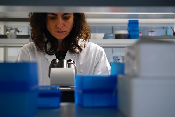 Woman looks into microscope in laboratory working on antimicrobial resistance