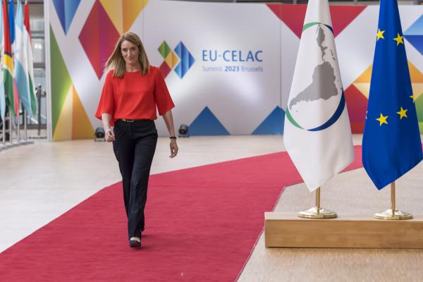 EU-CELAC Summit, Brussels - European Parliament President Roberta Metsola walking on red carpet at the summit
