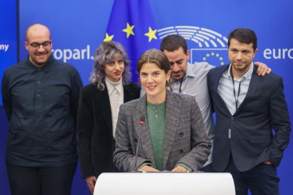 Winners collecting the 2023 Daphne Caruana Galizia Prize at European Parliament
