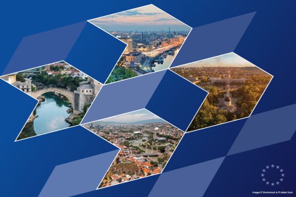 4 arrows against a blue background showing images of Ukraine, Georgia, Moldova and Bosnia and Herzegovina