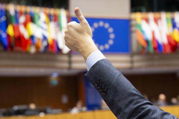 Thumbs up in front of the EU flag at voting session in the European Parliament