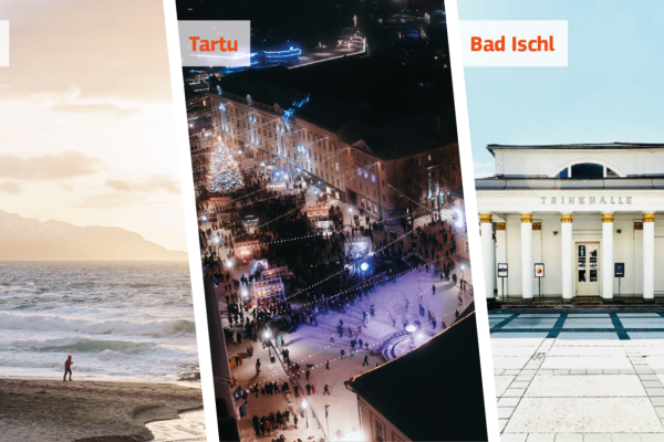 Person on the beach at Bodo, aerial view of ice rink in Tartu, city hall in Bad Ischl