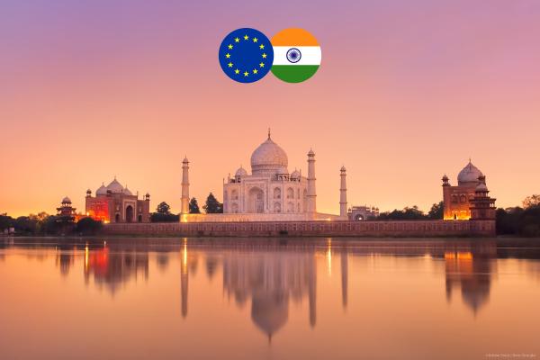 Taj Mahal and the flags of EU and India